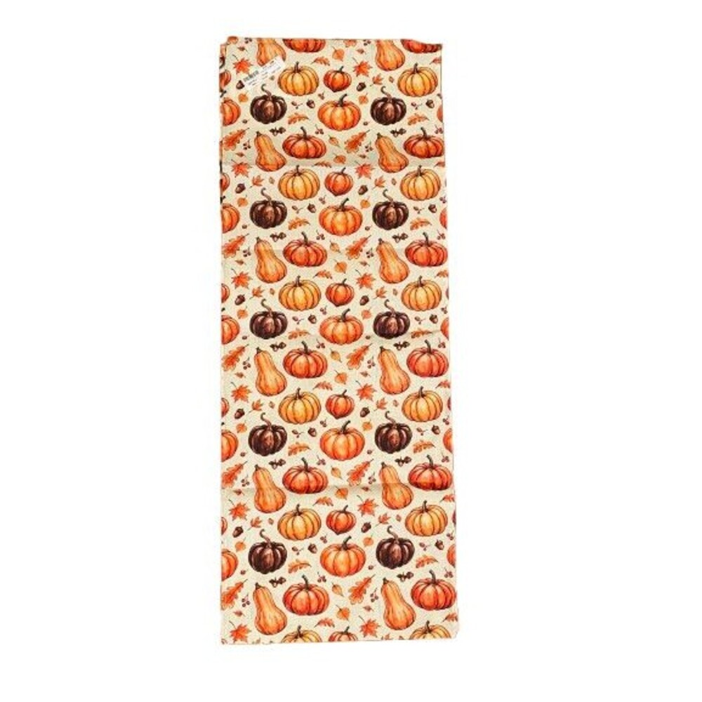 Fall Table Runner 13x72in Woven Polyester Pumpkins Squash Acorns Leaves